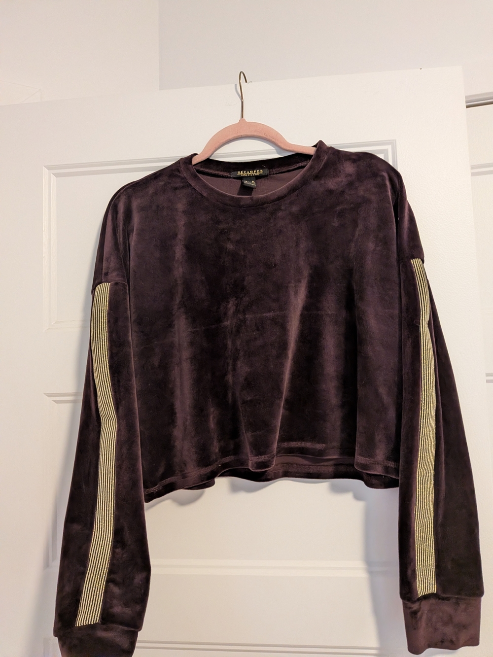 Revamped Maroon Velvet Sweatshirt with Gold Sleeve Stripes